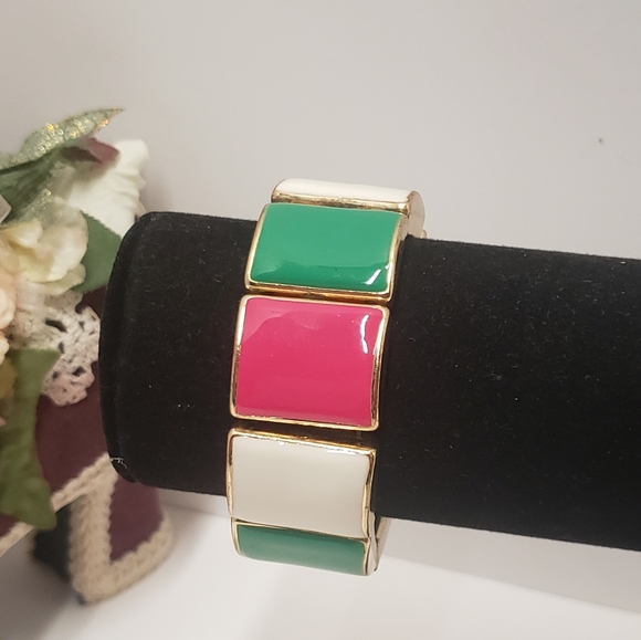 Vintage Jewelry - Pink Green & White Retro Stretch Bracelet Gold Tone Statement Bracelet